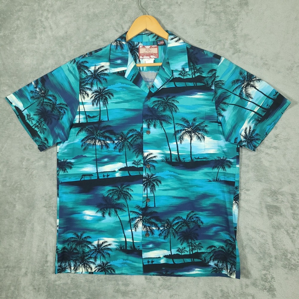 RJC Mens Large Hawaiian Shirt Blue Teal Palm Tree Tropical Cotton Made in Hawaii
